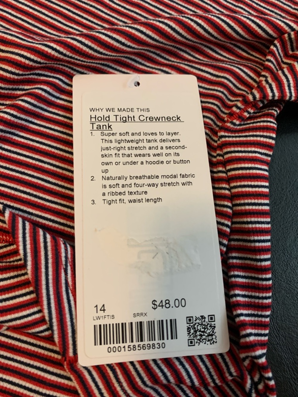 lululemon athletica Red and White Striped Hold Tight Crewneck Tank, Sz 14, NWT - Picture 3 of 5